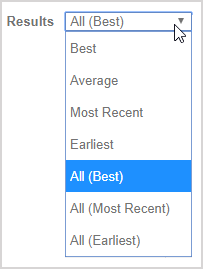 The "Results" drop-down list provides the options of: Best, Average, Most Recent, Earliest, All (Best), All (Most Recent), and All (Earliest).